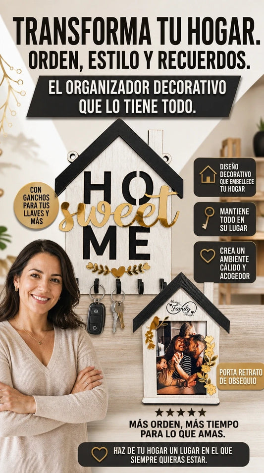 Porta llaves Home Sweet + Obsequio porta retrato family.